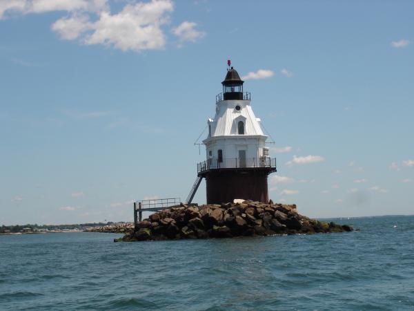 Returning from Mattituk Inlet. Our home port New Haven Harbor breakwater lighthouse.