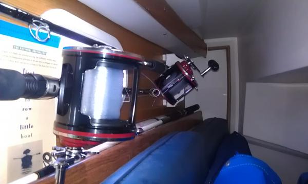 Rod and reel holder in aft cabin.