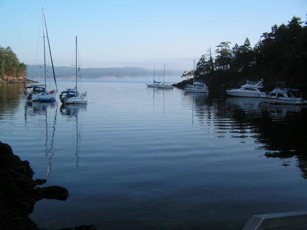 Royal Cove, Portland Island, BC.  Looking out of the cove across Satellite Channel towards Saltspring Island