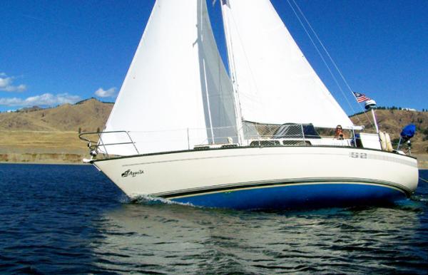 s/v AQUILA close hauled in light air. Catherine at the helm on her birthday.