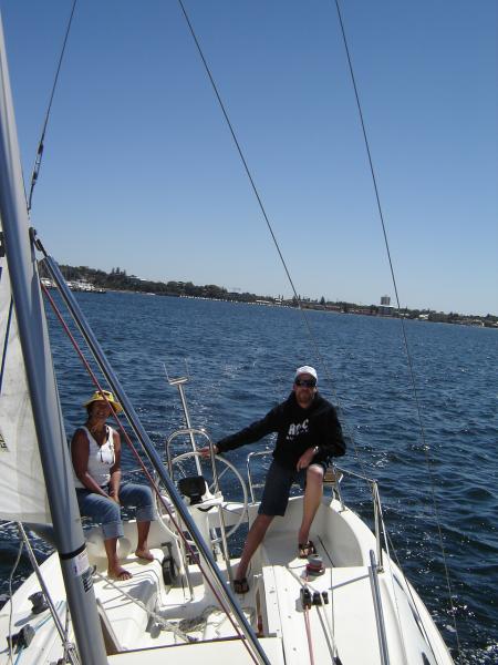 Sam at helm out on Swan, Perth February 09