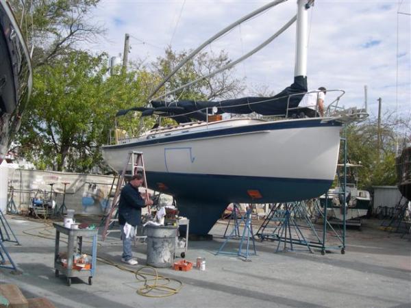 Serenity II on the hard. Gelcoat repair