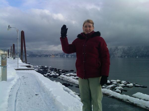 Skipper Debbie in snow waiting for the spring