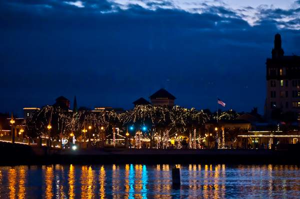 St. Augustine, FL from the water during Christmas