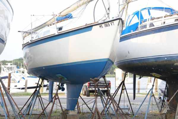 starboard view of the vessel on the hard