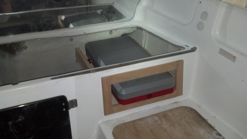 stove stowage under the galley counter