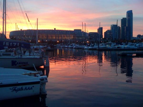 Sunset behind Soldier Field, Burnham Harbor, Oct 2010