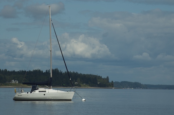 Synergie, moored and itching to get out to explore Budd Inlet and beyond in the south Puget Sound.