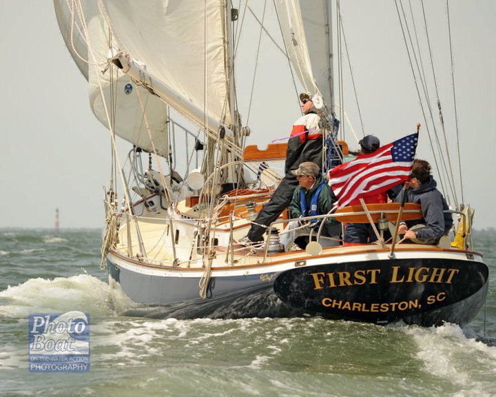 This is First Light, C44 no.6 (1977), which was dramatically restored at Cherubini Yachts from 2005-2008.  It is now loving sailed by Rob, an environmental lawyer at Charleston.  Dave and I developed what we call the 'D'-rig, having independently-stayed spars (no triatic), for this boat and as the current new-boat spec.