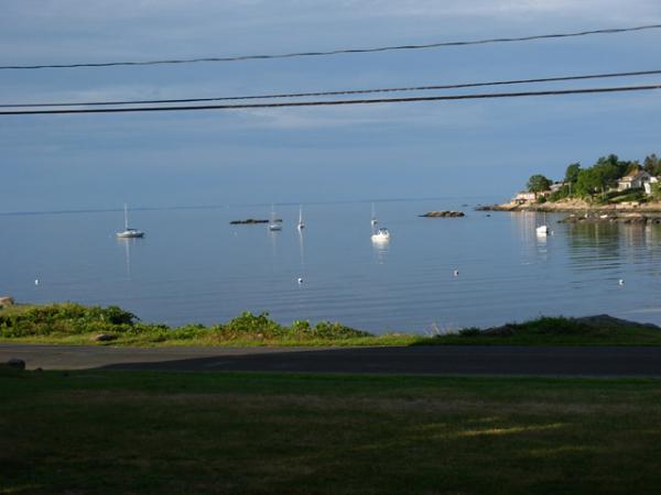 This is our home cove. Apple O'Day is the boat to the left. Long Island (Mattituck Hills) is 22 miles in the background.