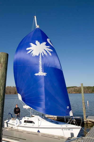 Tied up at Lake Wateree State Park. We hoisted the spinnaker at the dock to get the twist out.