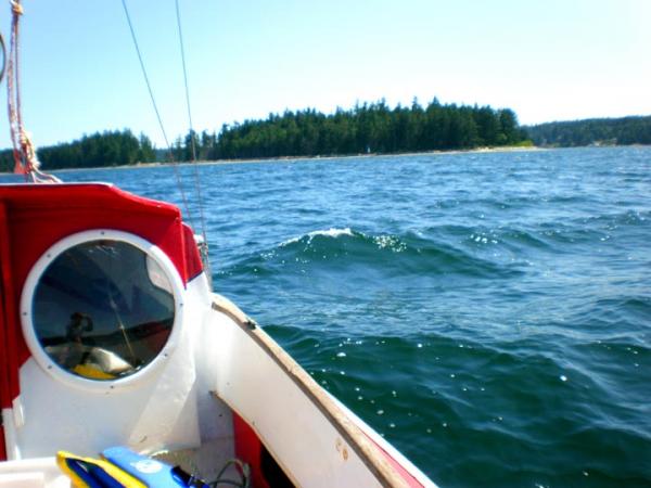 Time O'Day afloat in some sloppy water off Rebecca Spit. Winds NW20-25knts, tide running N, Cotez Ferry wash coming from the W.     YUCK!!!