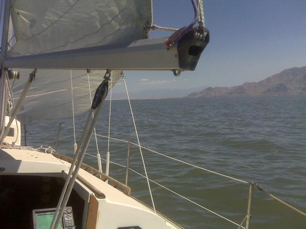 View of the Great Salt Lake Marina 5 miles out. It's so easy to see I have to use the GPS to find the deep water channel to get back in.