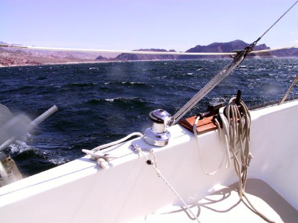 Windy. This is my setup for handling two jibs and running backstays.