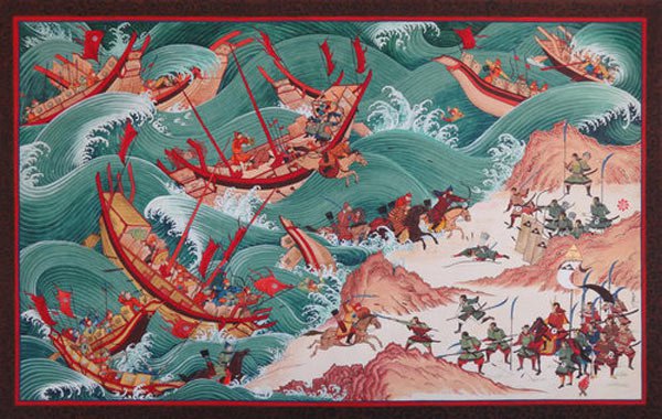 A contemporary depiction of the Mongol fleet in the throes of the typhoon